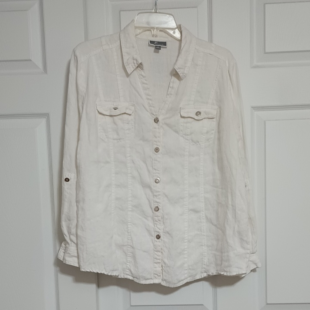 JM Collection Women's Petite Cream Color Long Sleeve 100%Linen Blouse. Size: 14P